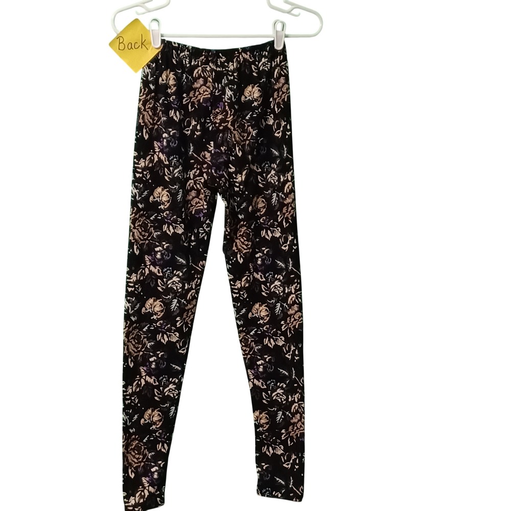 Design USA Floral Leggings Womens One Size Black Purple Tan Stretch Ankle Length